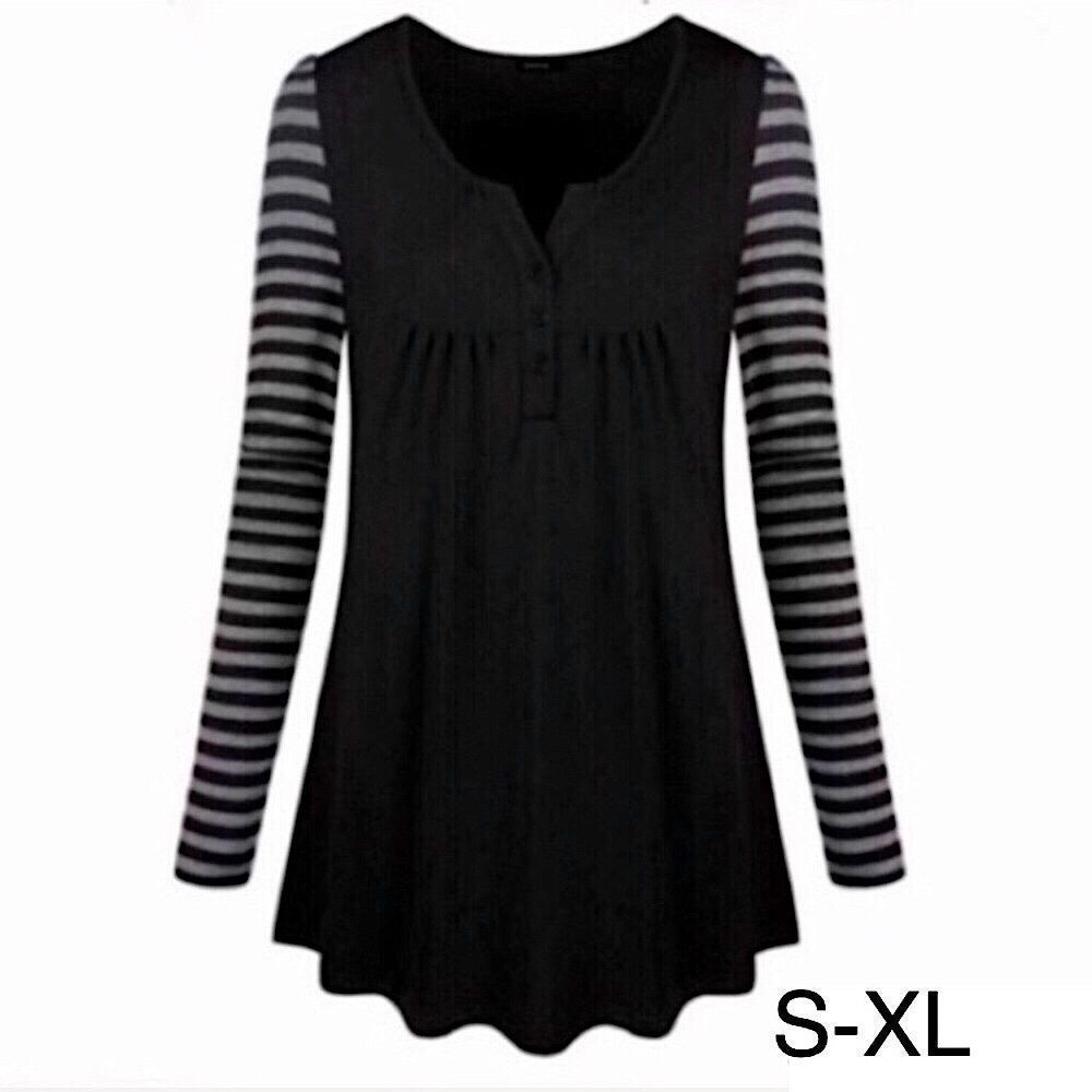 V-Neck Henley Striped Sleeves S/L/XL
